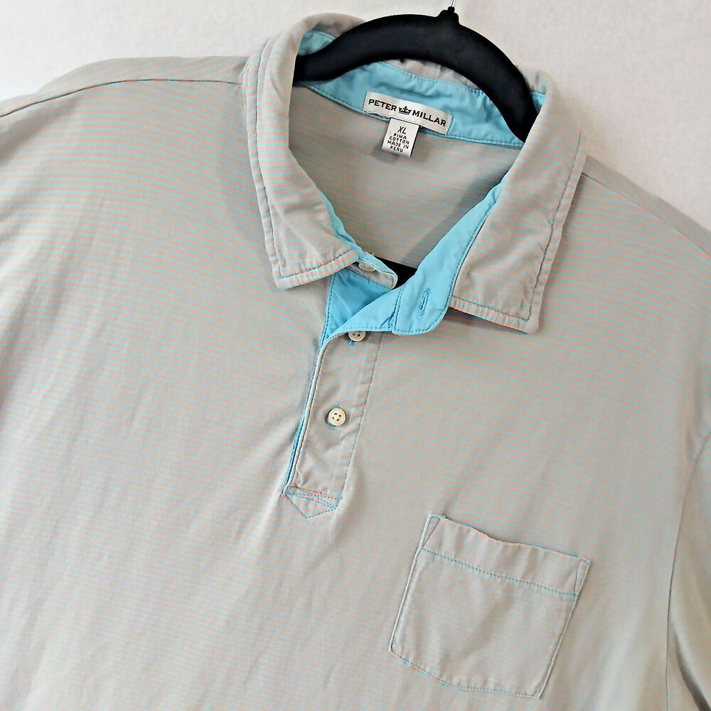 Peter Millar Pima Cotton Golf Polo Striped Blue Orange Men XL Outdoor Sport #890
